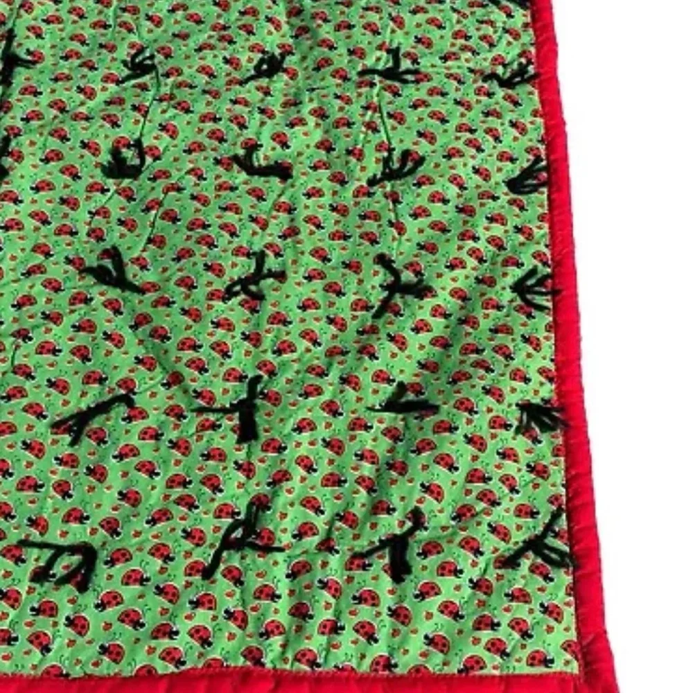 Handmade Quilt Girls Ladybug 43X40.5 Vintage Red Black Green Hand Tied